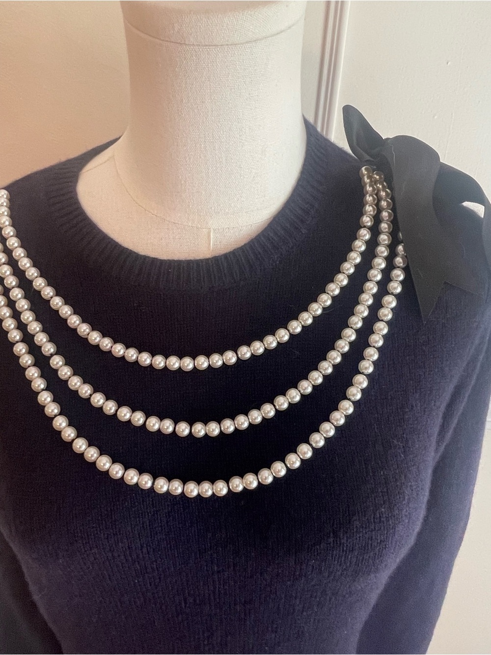 Brooks Brothers Merino Wool Three-Strand Pearl Necklace with Ribbon Sweater